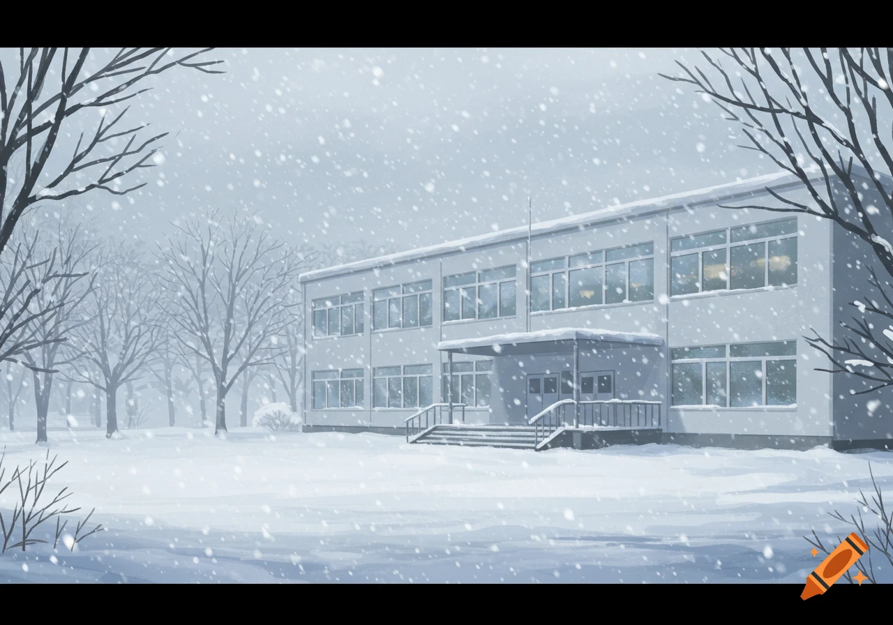 Anime illustration of a snow-covered school building surrounded by bare trees during a winter snowfall.