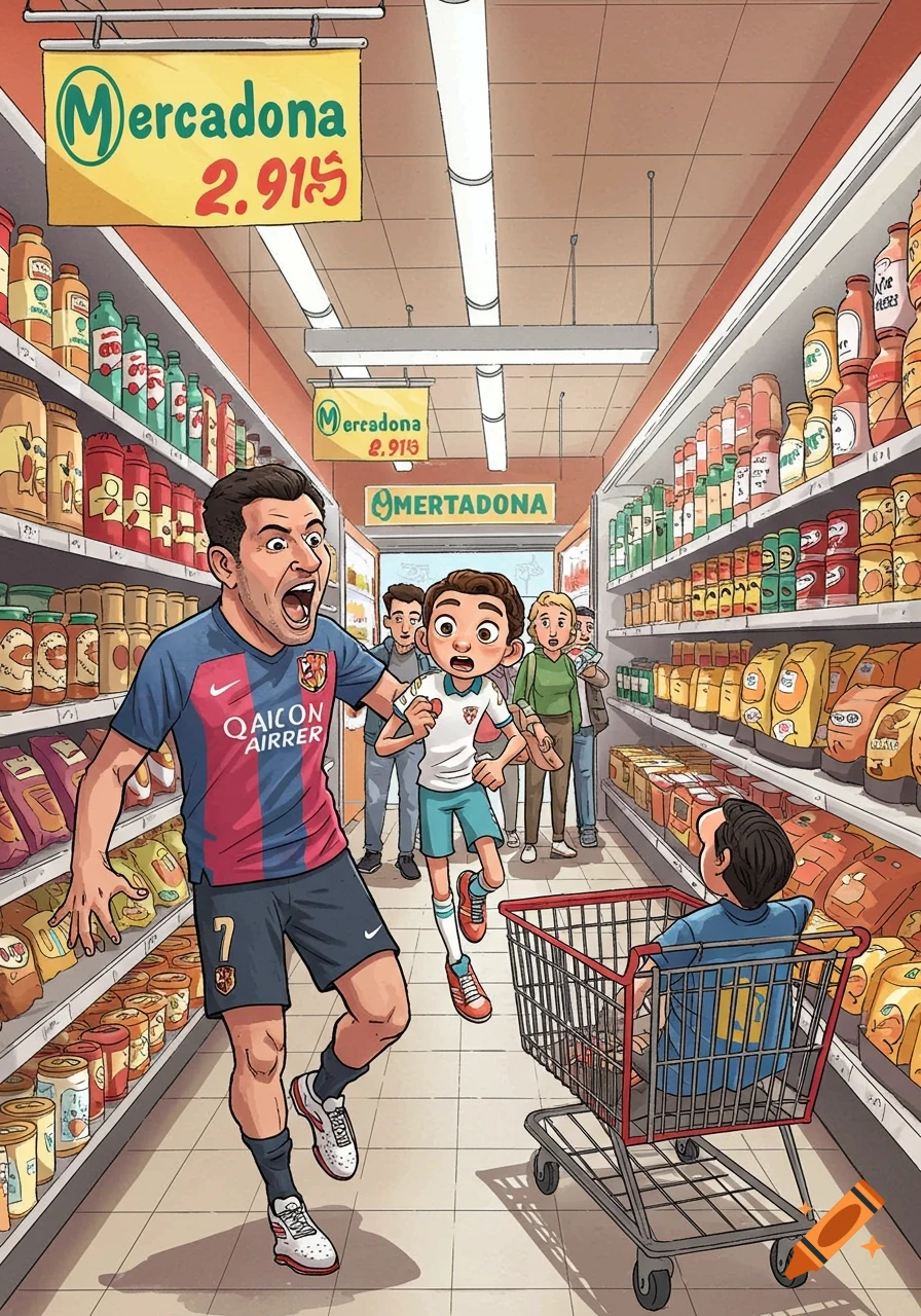 A cartoon man in a football jersey with an open mouth chases a boy through a supermarket aisle, while a child sits in a shopping cart.