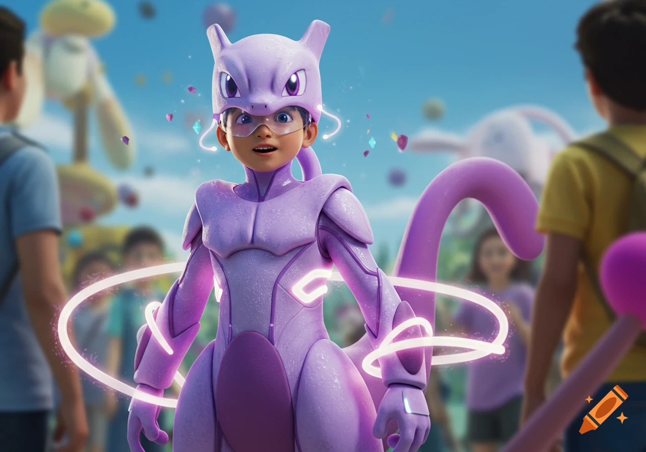 A boy in a detailed purple Mewtwo costume with glowing energy rings stands outdoors, looking surprised. Blurred people are in the background.