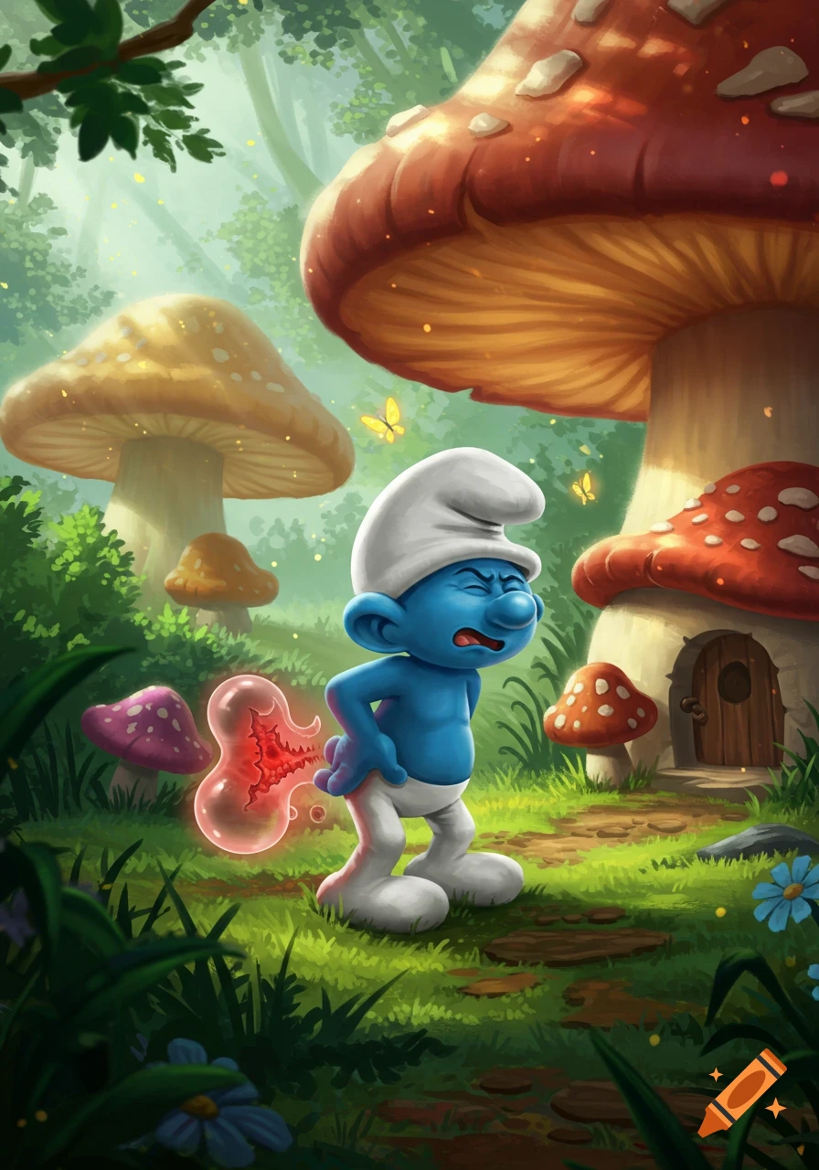 A cartoon Smurf clutches its back in pain with a glowing red herniated disc, in a vibrant mushroom forest.