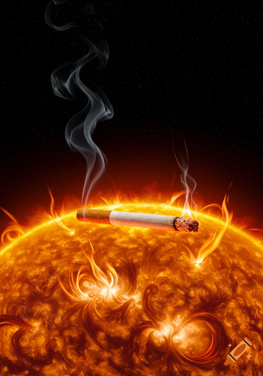 A lit cigarette rests on the surface of the sun, emitting smoke into a starry, dark space. The sun glows intensely with flares.