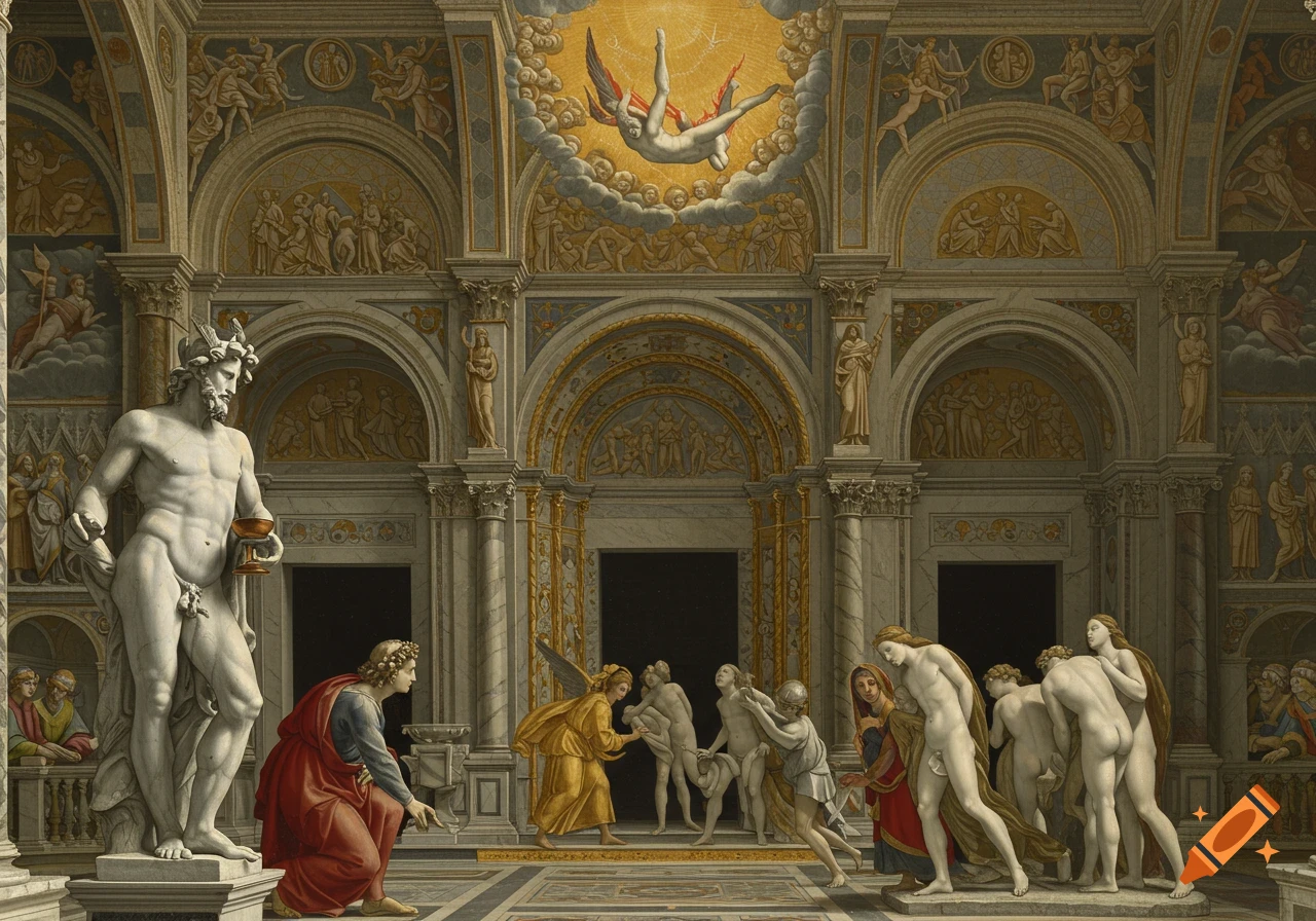 Renaissance painting of a classical hall with a nude Dionysus statue, Lucifer falling from the sky, and Adam and Eve being cast out.