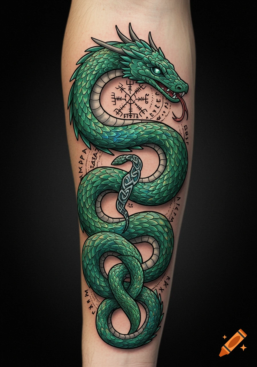 A vibrant green dragon tattoo coils down an arm, surrounded by ancient runes in a fantasy art style.