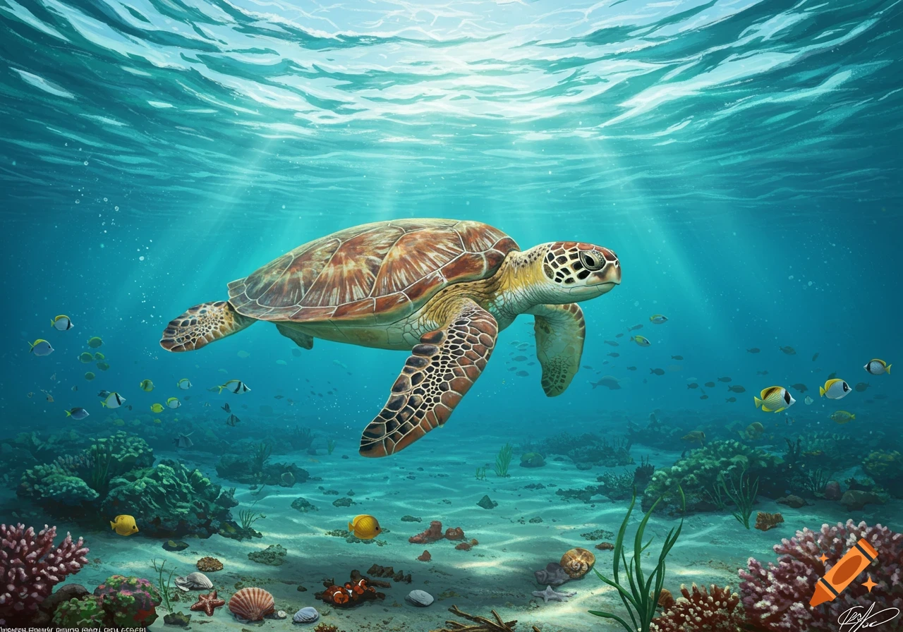A detailed illustration of a sea turtle swimming over a vibrant coral reef with many colorful fish.