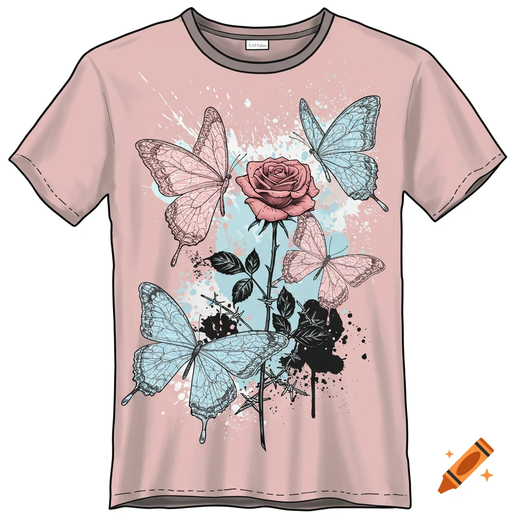 Pink t-shirt with a whimsical illustration of pink and blue butterflies, a pink rose, and black paint splatters.