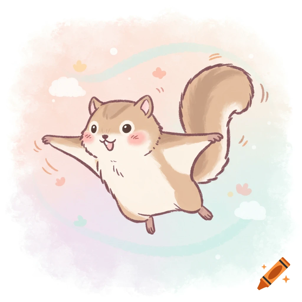 A cute, happy flying squirrel with rosy cheeks glides through a pastel-colored sky with small clouds and flowers in a soft crayon style.