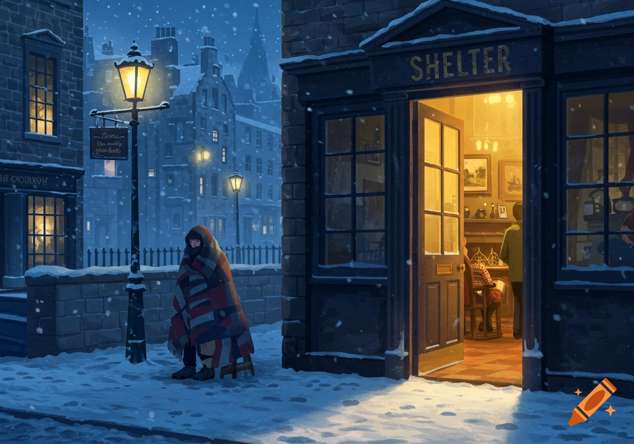 Illustration of a snowy city street at night, with a person wrapped in a blanket outside a warmly lit shelter.