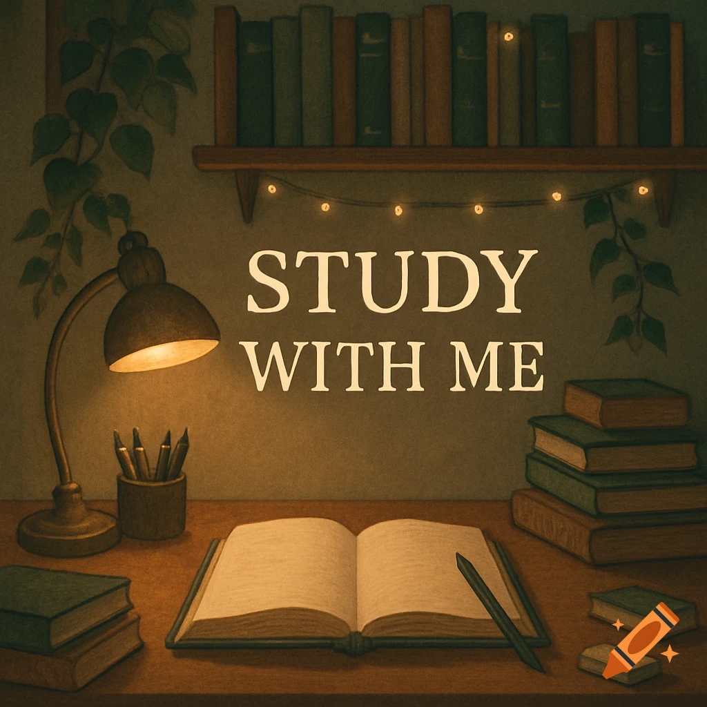 An illustrated, cozy study desk with an open book, a lit lamp, stacked books, and "STUDY WITH ME" text on the wall.