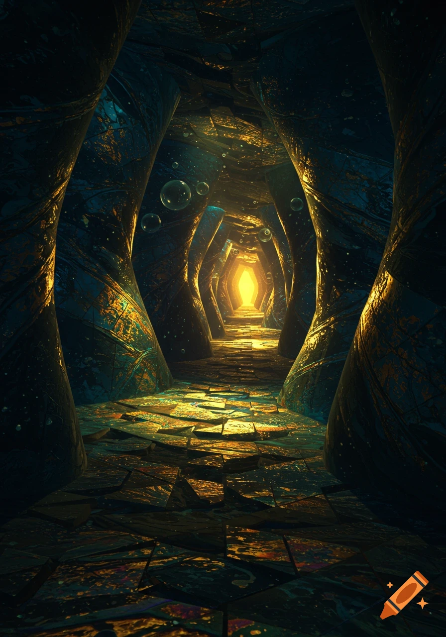 Abstract fantasy corridor with ornate, dark walls and a glowing path leading to a bright light, featuring floating bubbles.