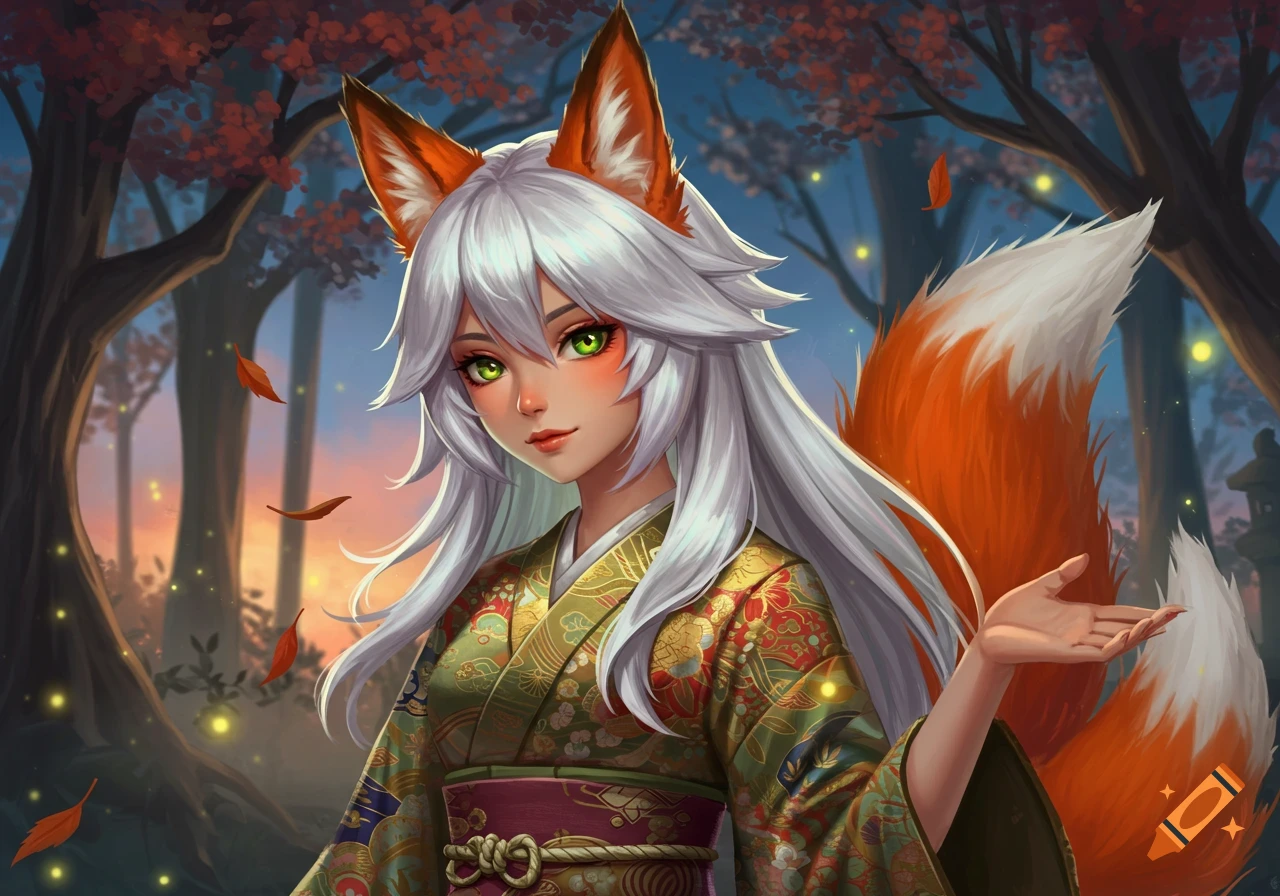 Anime fox girl with white hair, green eyes, orange ears and tail, wearing a patterned kimono in an autumn forest.