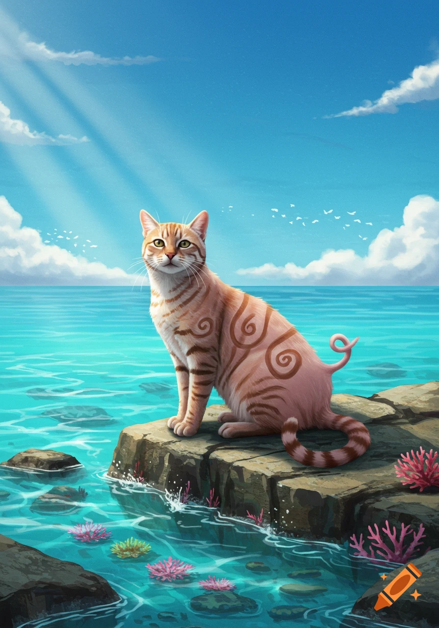 An orange tabby cat with pig-like swirl patterns and a curly tail sits on rocks in a turquoise ocean.