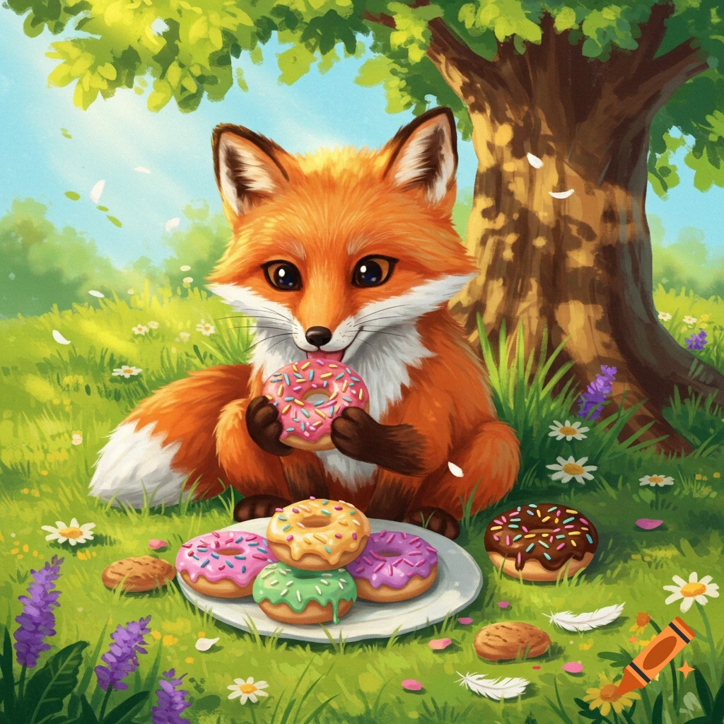 A cute illustrated fox sits in a grassy field, happily eating a pink donut, with a plate of colorful donuts nearby.