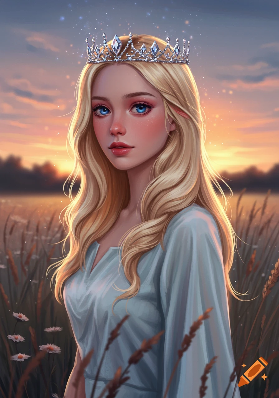 A blonde girl with a sparkling crown and blue eyes in a field at sunset, digital painting.