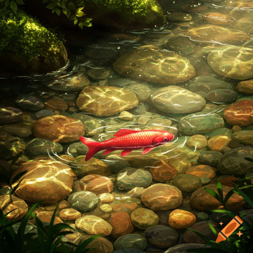 A vibrant red fish swims in a clear, shallow stream with sun-dappled rocks and mossy banks, digital art.