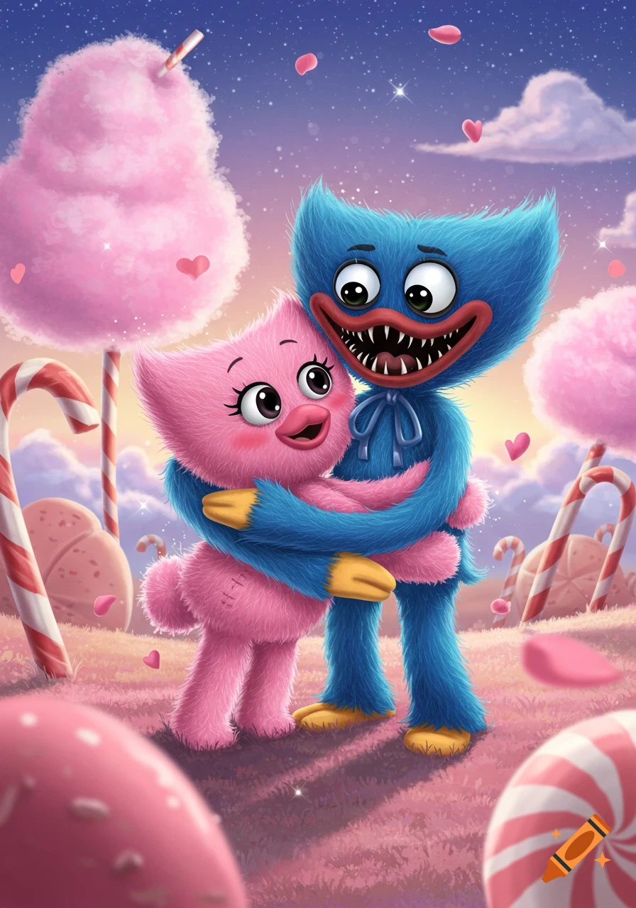 Blue Huggy Wuggy hugging pink Kissy Missy in a whimsical candy land with cotton candy and candy canes under a starry sky.