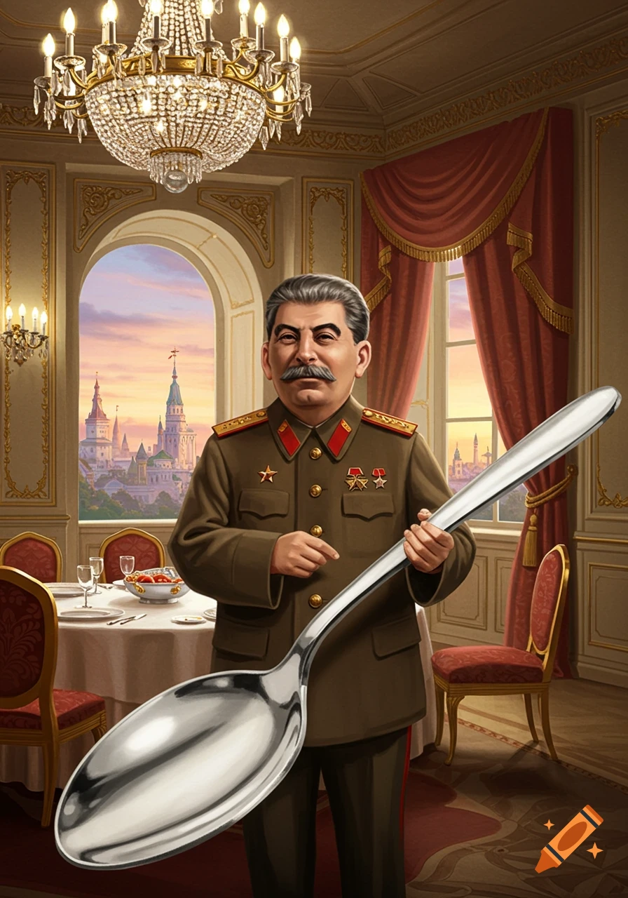 Joseph Stalin in military uniform holding a comically large spoon in an opulent dining room overlooking a city.