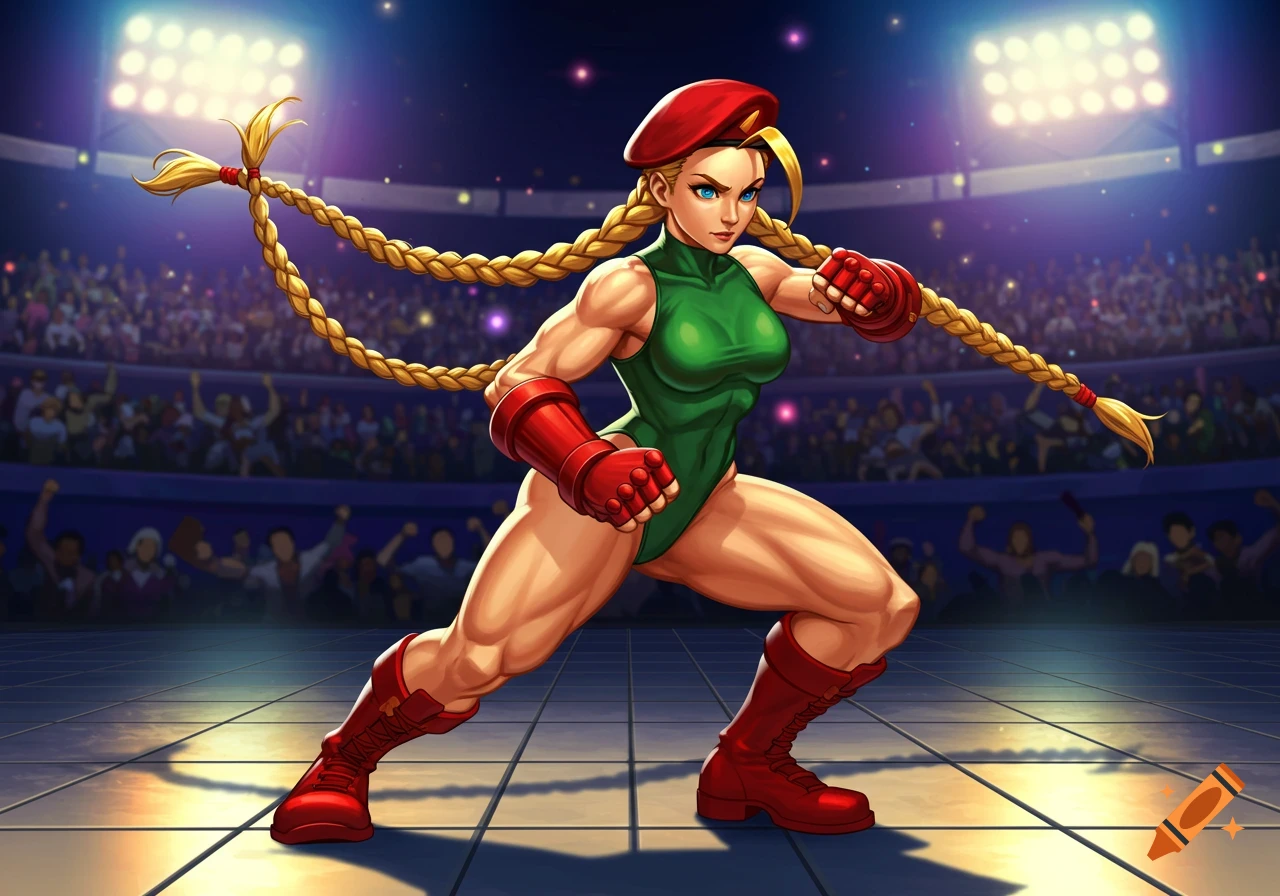 Cammy from Street Fighter in a fighting pose in a brightly lit stadium. She wears a green leotard, red beret, and red gloves and boots, with blonde braided pigtails, in an anime style.
