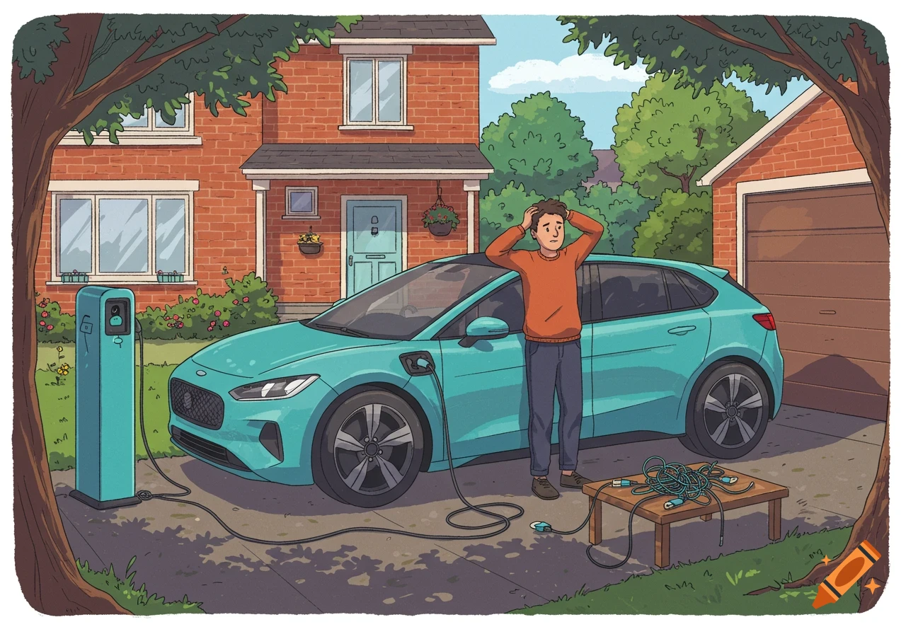 A confused man stands next to a turquoise electric car charging at a home station, with tangled cords on a table.