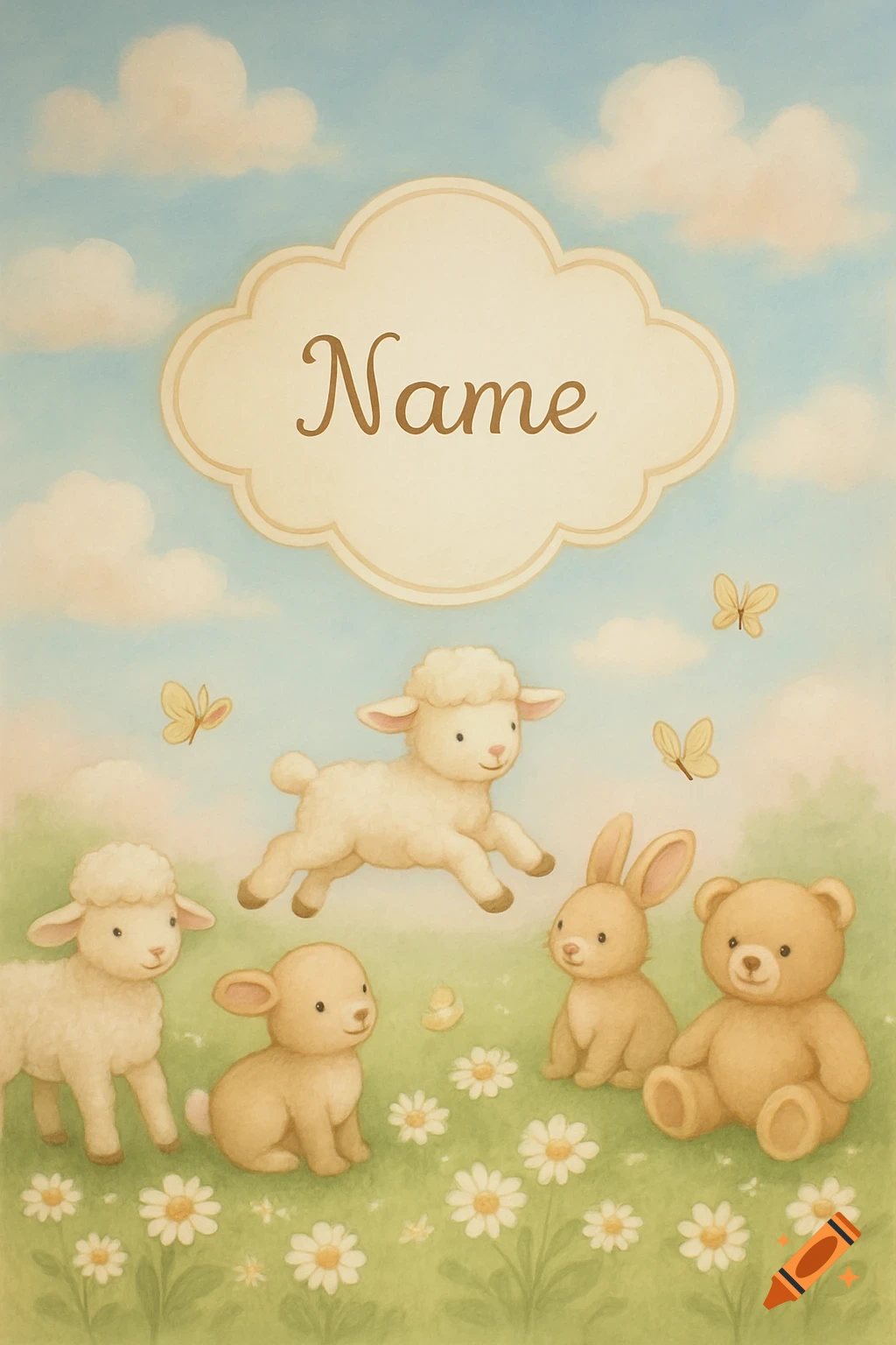 Watercolor illustration of baby lambs, a bunny, and a teddy bear in a field of daisies under a cloudy sky, with a cloud frame labeled 'Name'.