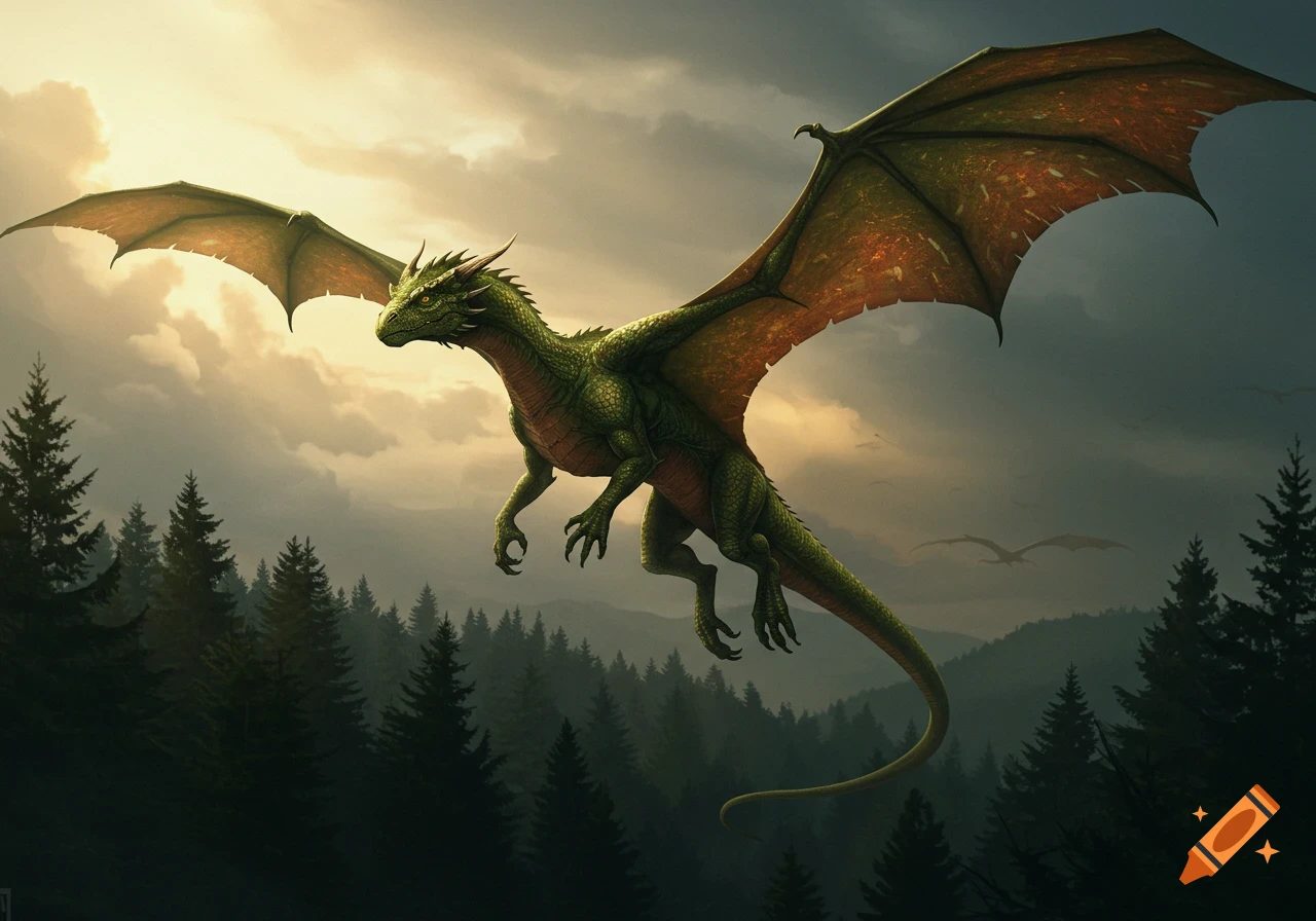 A large green dragon with glowing golden eyes and copper-tinged wings flies above a dark, misty forest under a cloudy, golden sky.