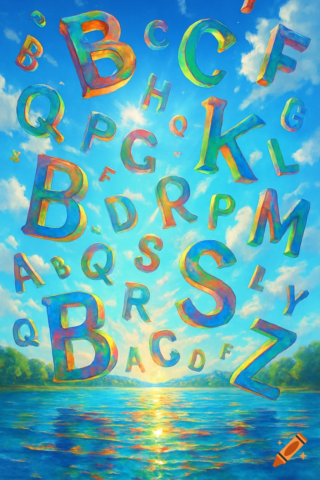 Vibrant, colorful alphabet letters float in a bright blue sky above a reflective lake and distant green mountains at sunrise.