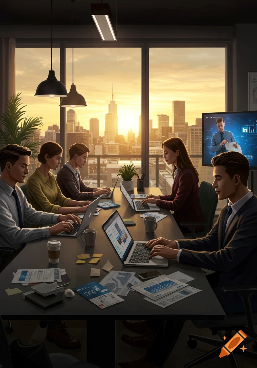 A sales team works on laptops at a long table in a modern office with a city skyline at sunset visible through large windows. A screen shows a video conference with a LinkedIn logo.
