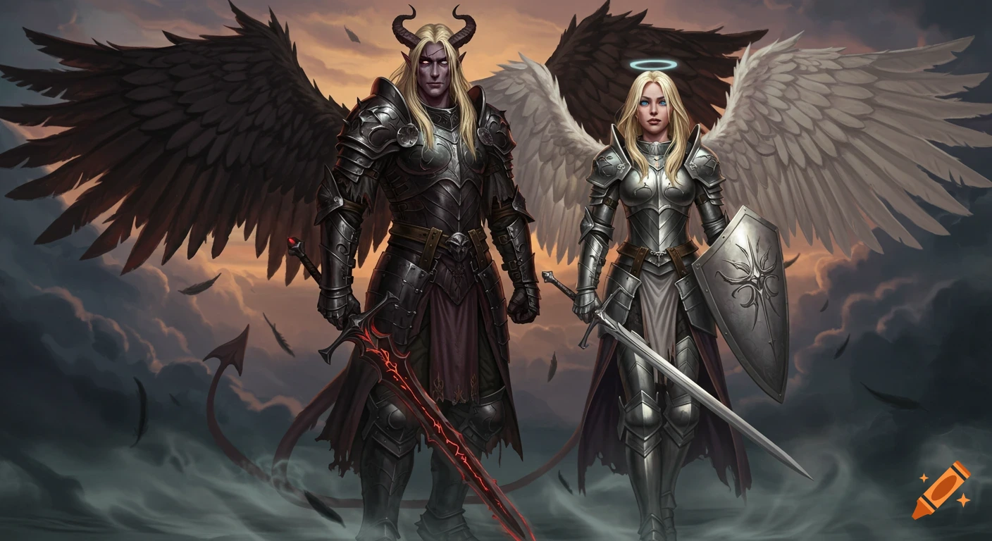 A demon-like male with black wings and an angelic female with white wings stand dramatically in full armor, holding swords.