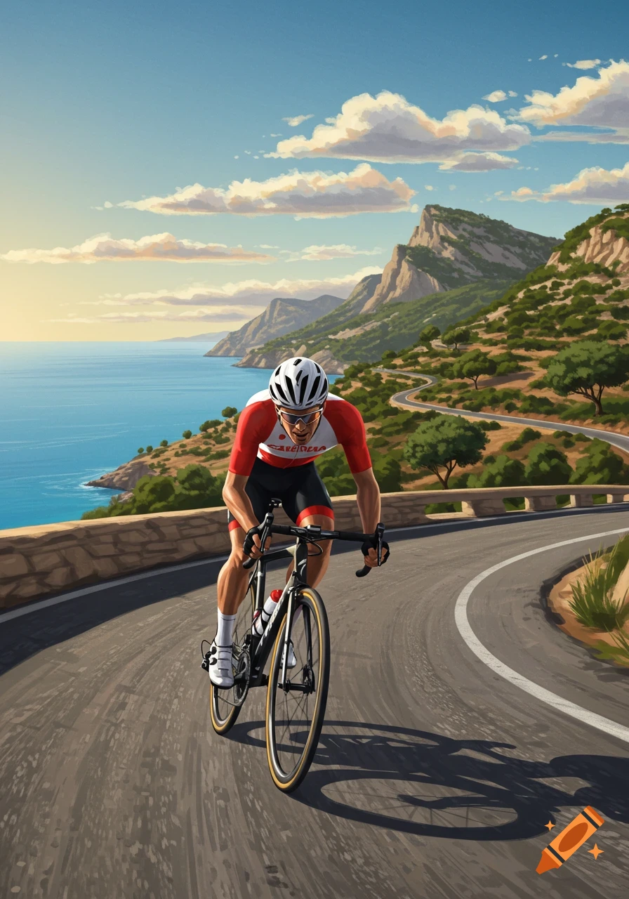 A male cyclist in a red and black jersey rides a road bike on a winding coastal mountain road overlooking the sea, in a digital art style.