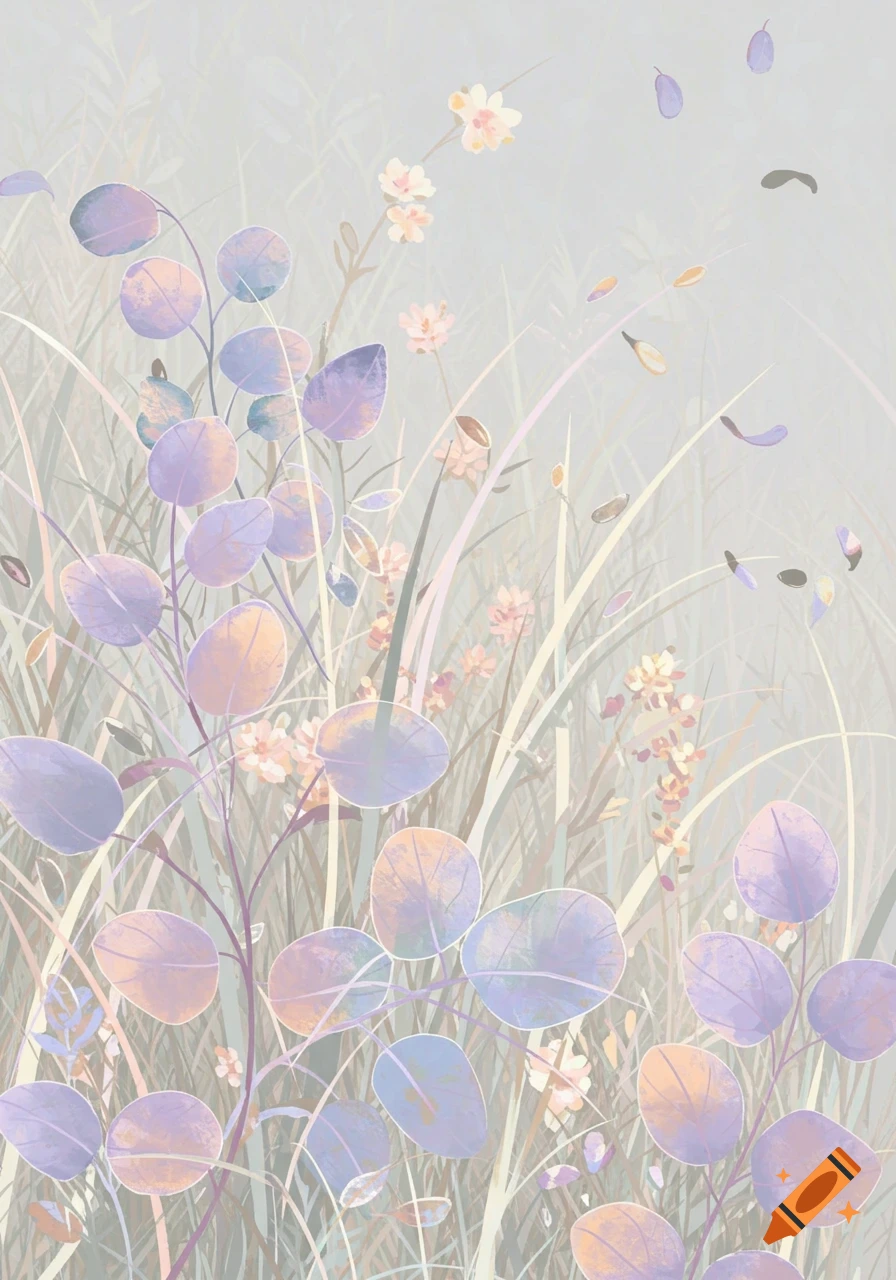 Close-up of stylized herbs, small flowers, and iridescent lunaria leaves in pastel colors against a light gray background, vector art style.