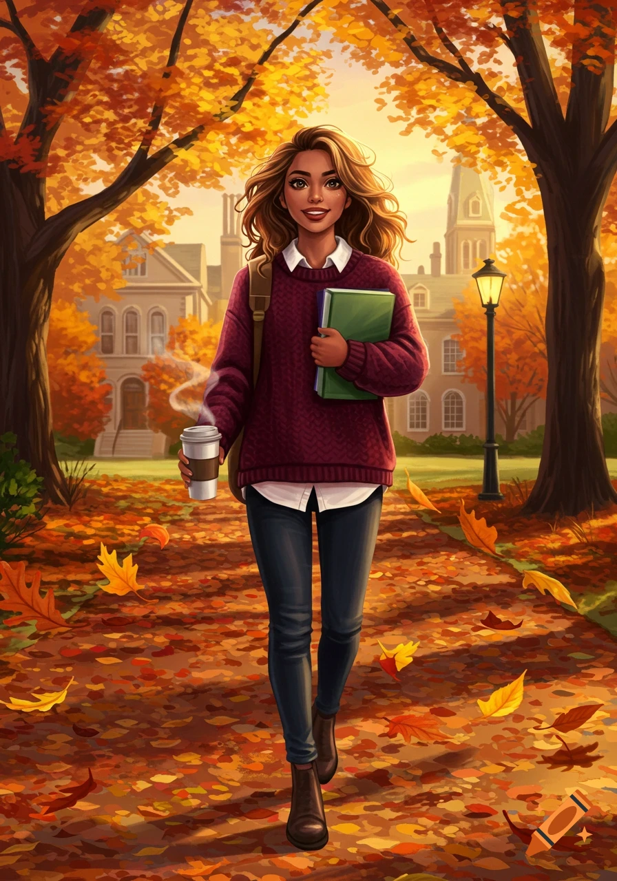 An illustrated young woman student walks on an autumn campus path, holding a coffee cup and a book.