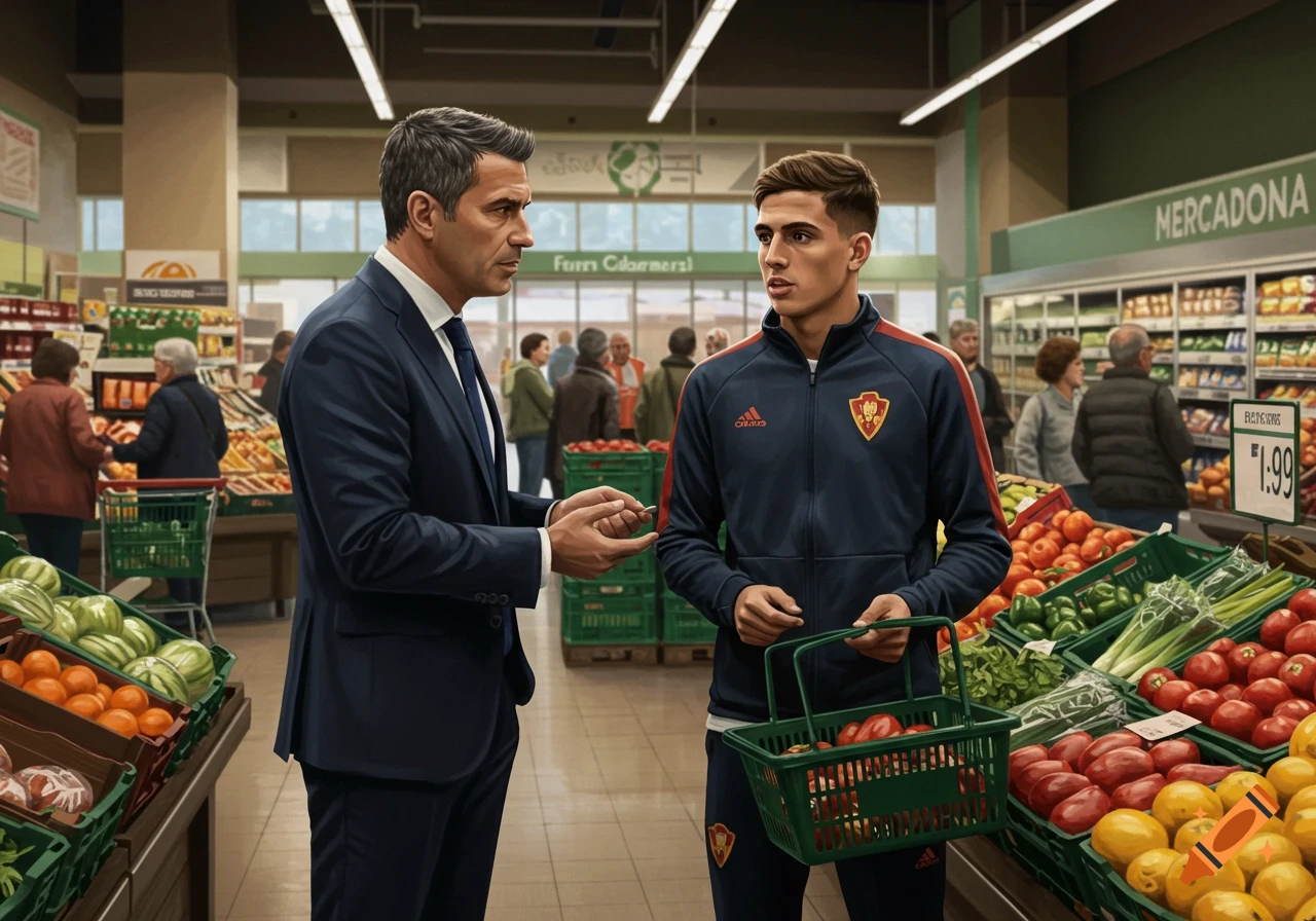 A man in a suit talks to a young man in a tracksuit holding a shopping basket in a supermarket produce aisle.