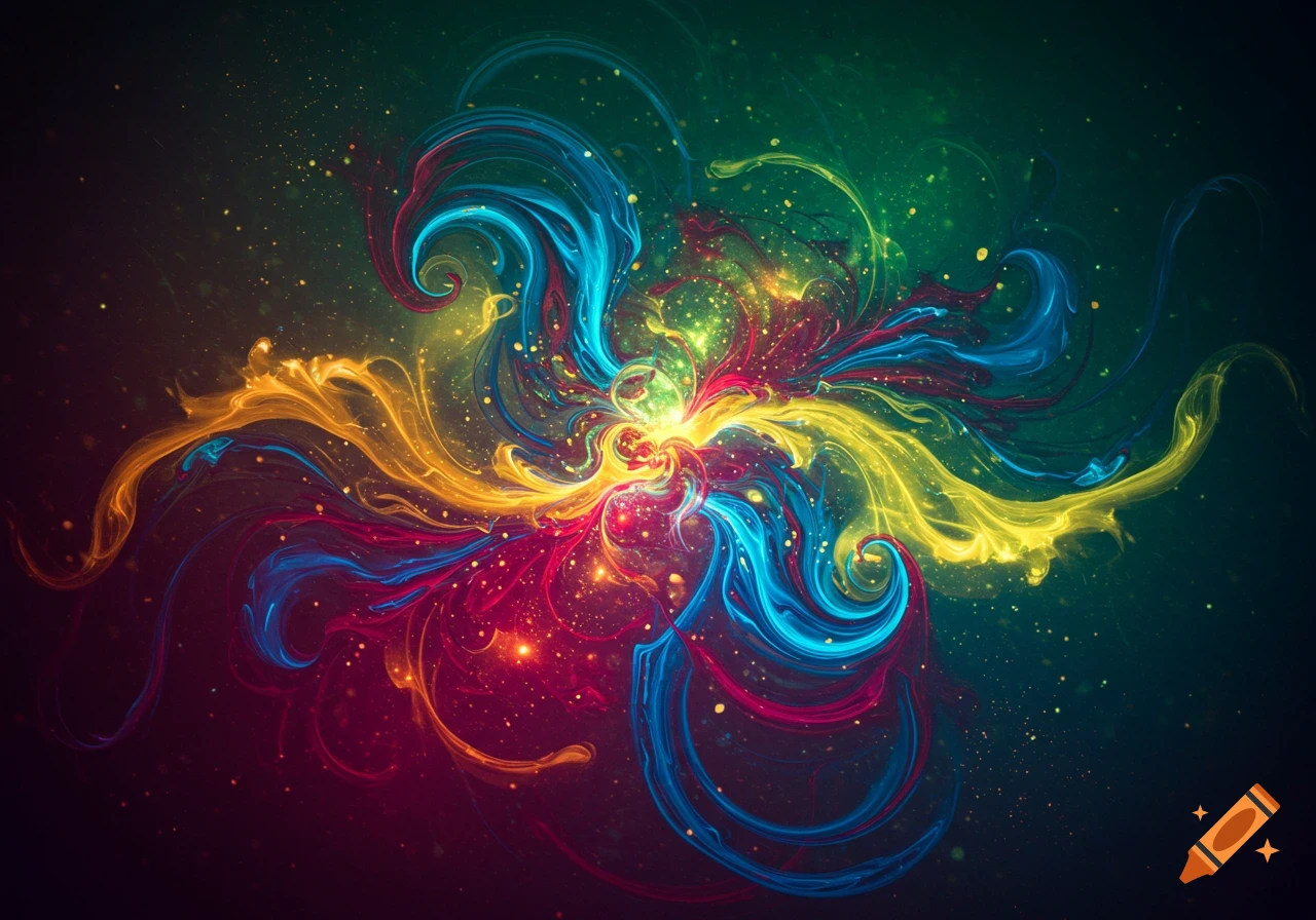 Vibrant abstract art with swirling patterns of red, blue, yellow, and green colors, illuminated by glowing particles against a dark background.