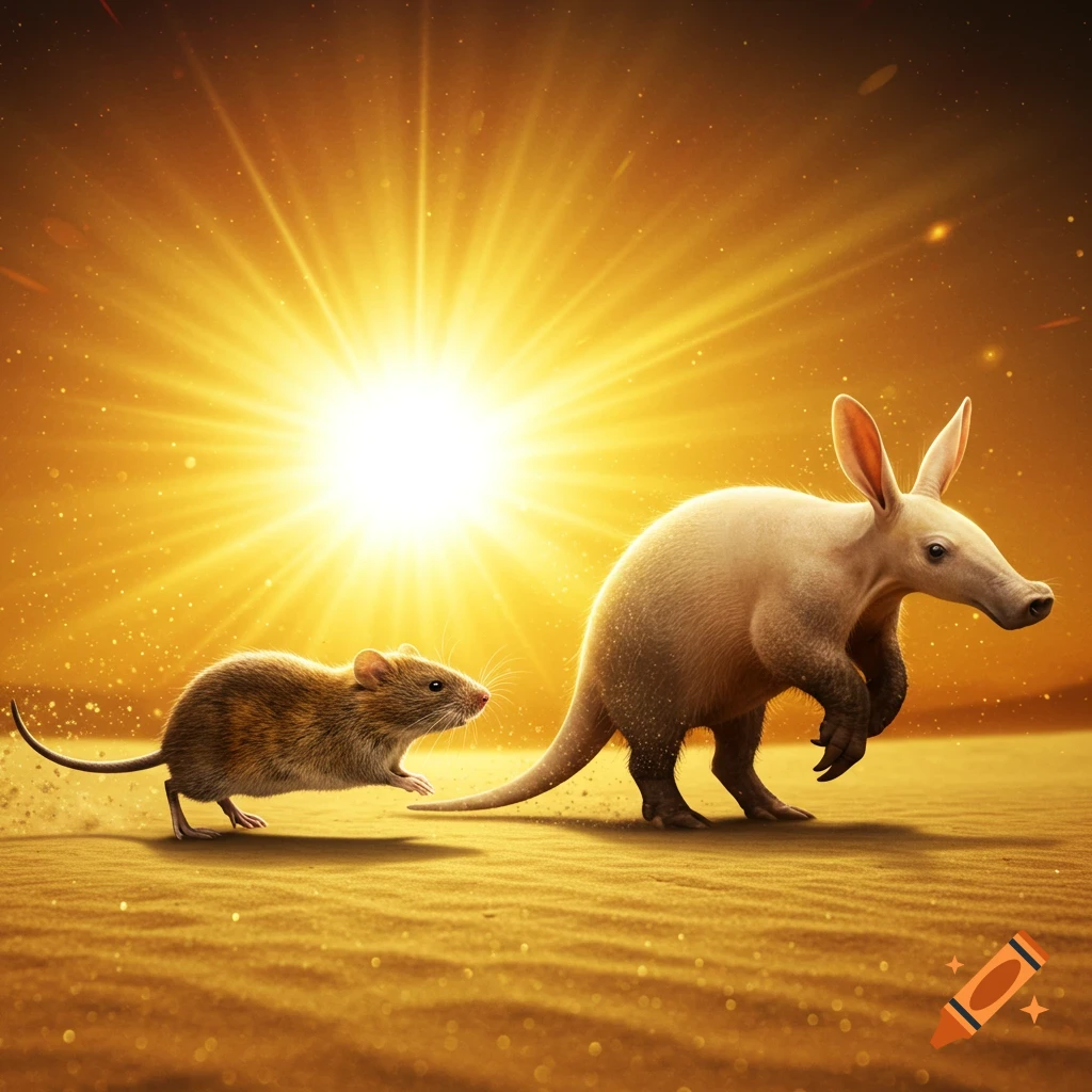 A vole and an aardvark run across a sun-drenched desert landscape under a bright, glowing sun.