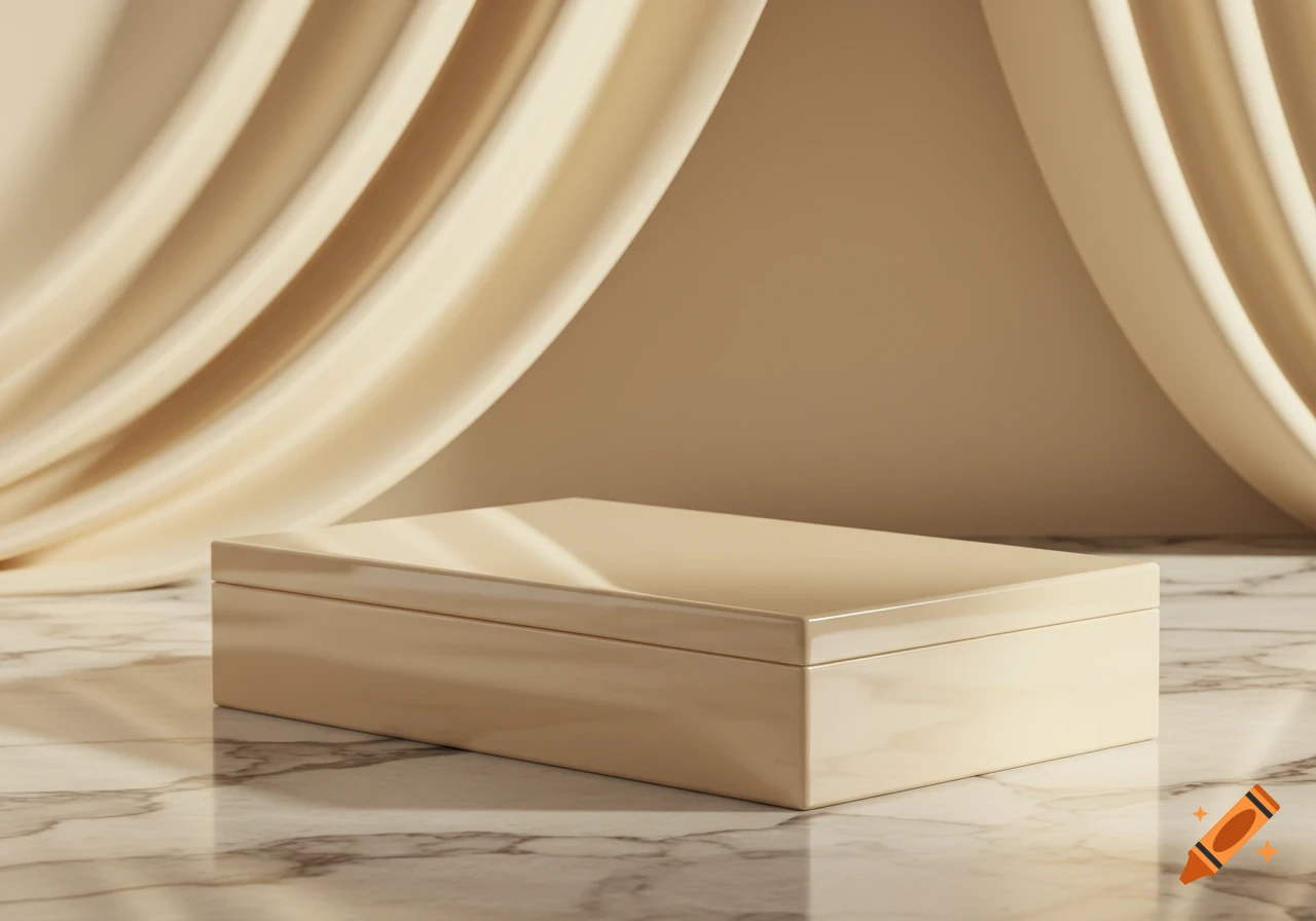A cream-colored rectangular box sits on a reflective marble floor in front of flowing beige drapes, bathed in soft light.