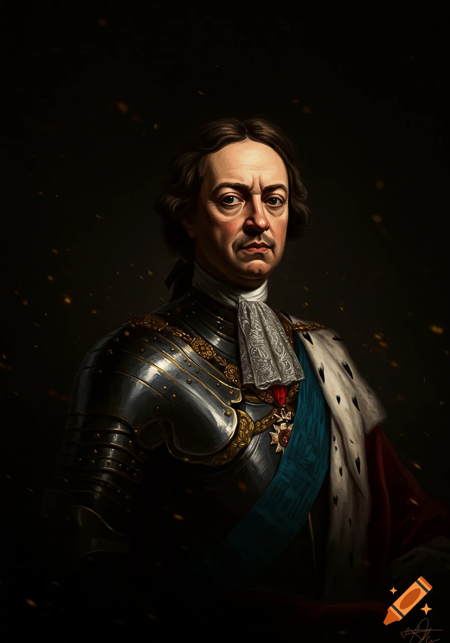 A stern portrait of Peter the Great in ornate armor and a white ruff, against a dark, sparkling background.
