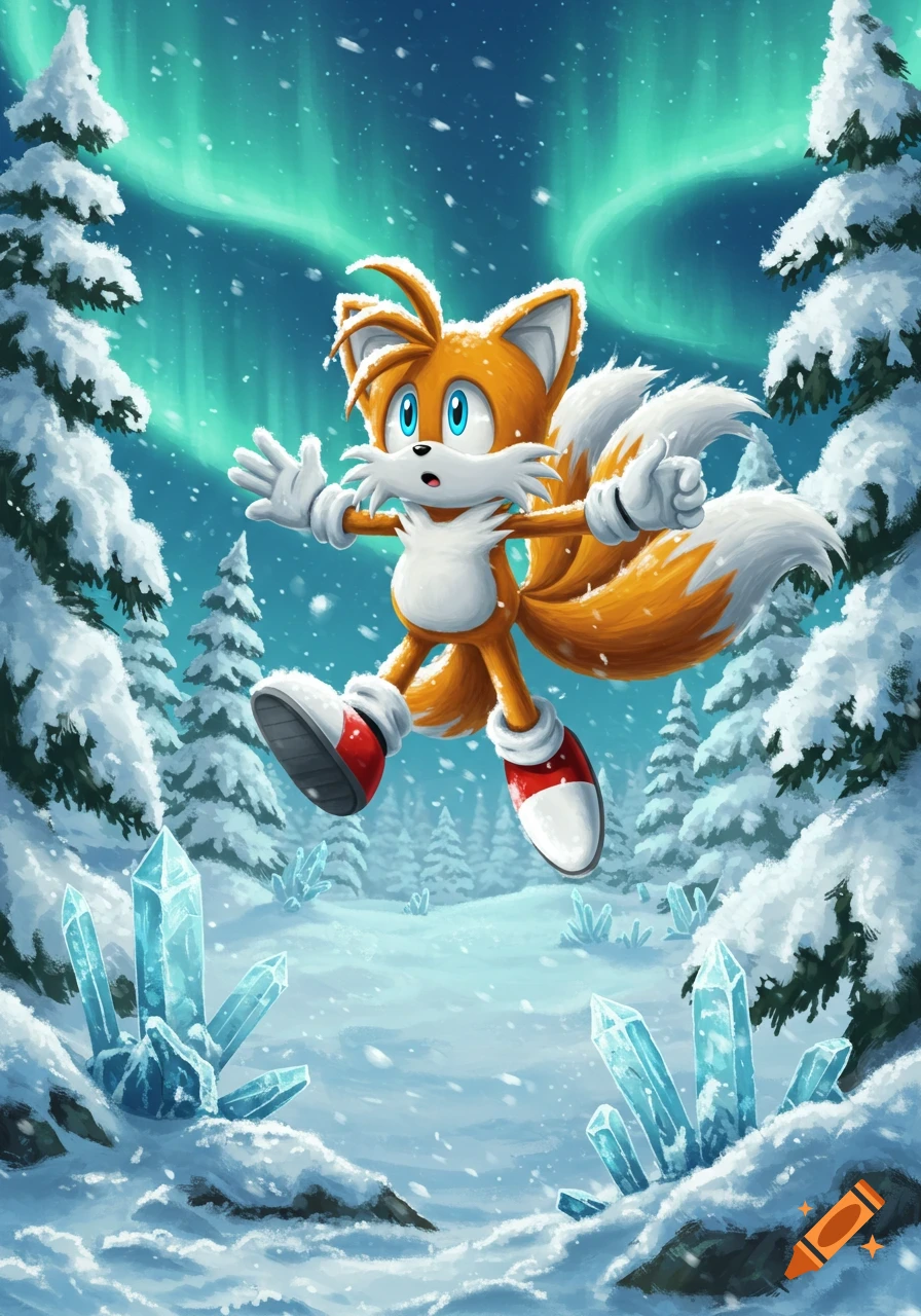 Tails the orange fox jumps in a snowy forest with large blue ice crystals under a green aurora borealis sky, vibrant digital illustration.