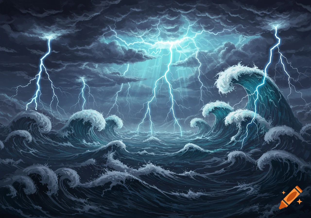 A dramatic, stylized illustration of a stormy dark blue ocean with large white-capped waves and numerous bright blue lightning bolts striking from dark, heavy clouds.
