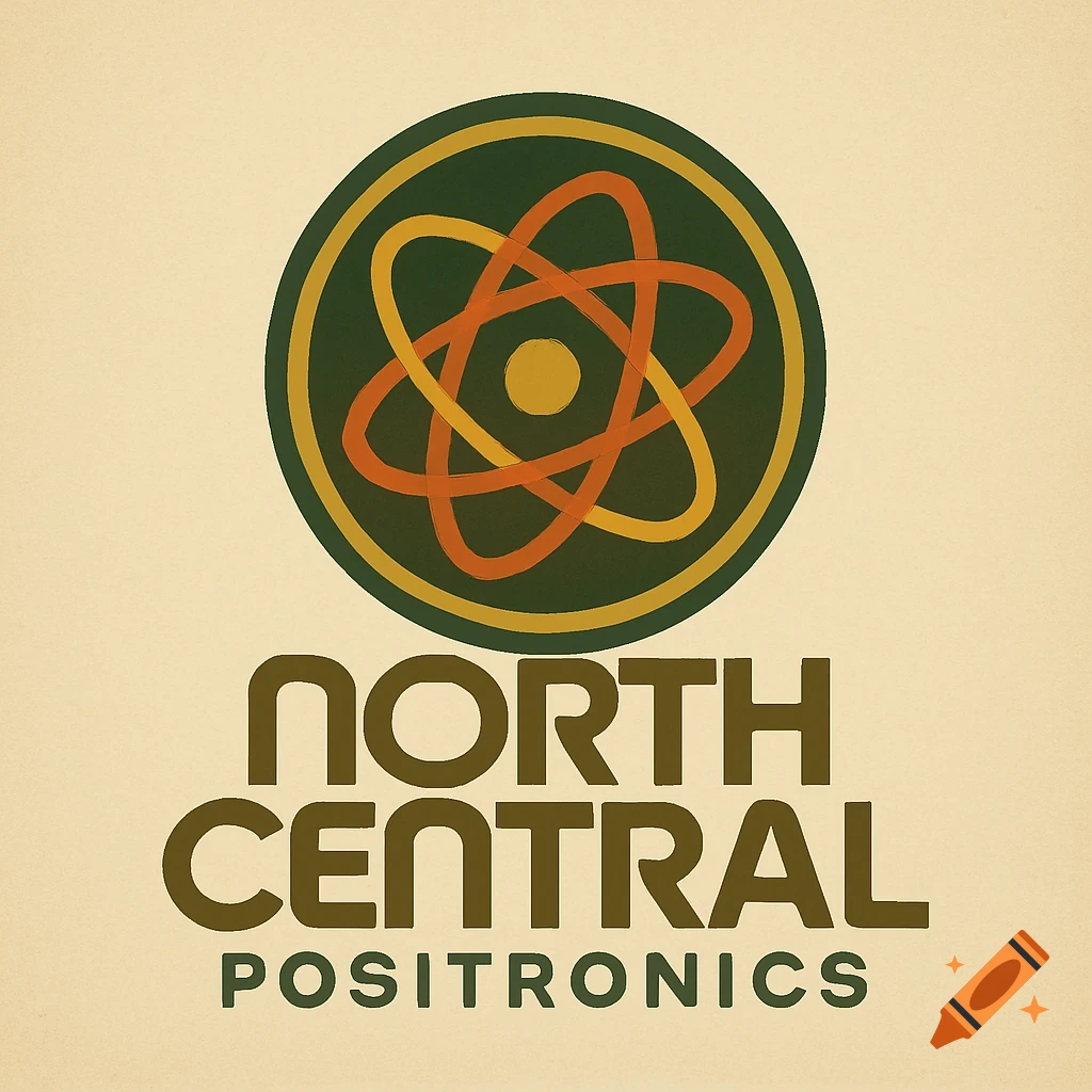 Vintage 1970s style logo for 'North Central Positronics' with an atom symbol in a circle.