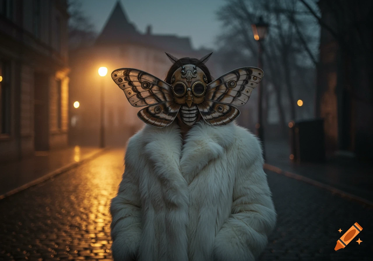 Person in a realistic moth mask and white fur coat on a foggy, gaslit cobblestone street at night.