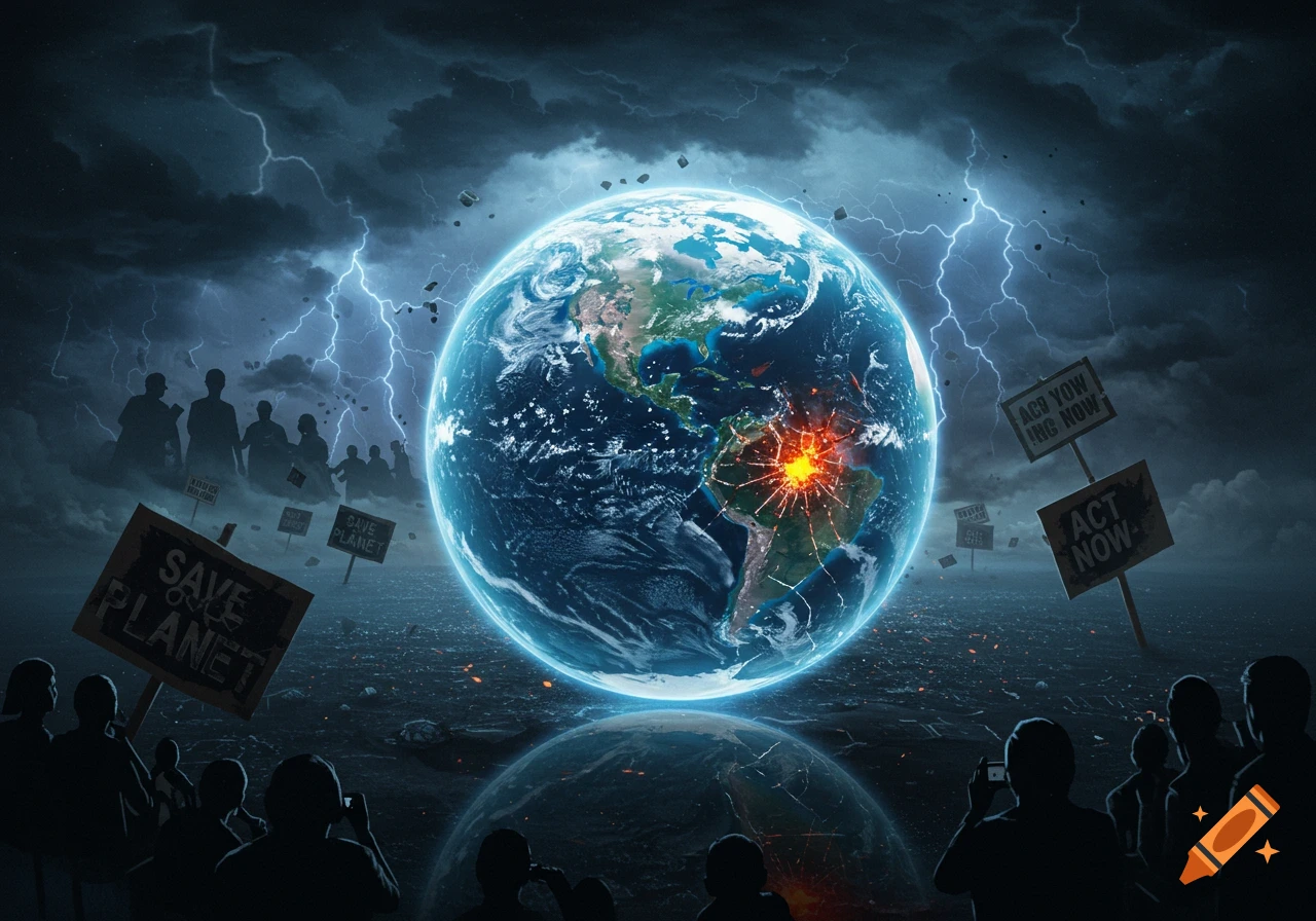 A glowing Earth, cracked and showing a bright core, is surrounded by lightning and dark storm clouds. Silhouetted protestors hold signs like "SAVE PLANET" and "ACT NOW" in the foreground and background.