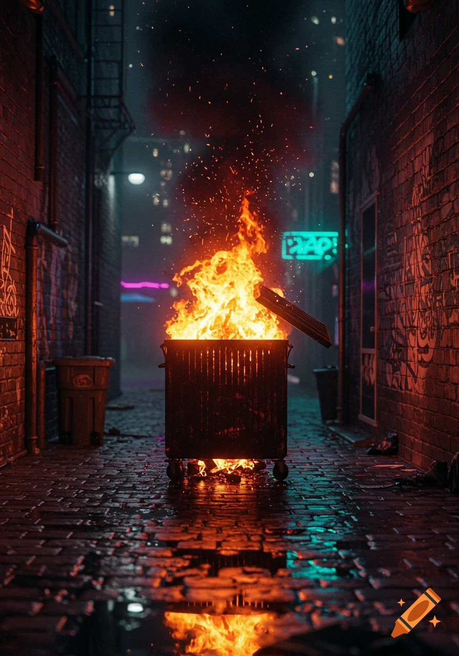Photorealistic dumpster fire in a dark, wet urban alley at night, reflecting on the ground, with distant neon lights.