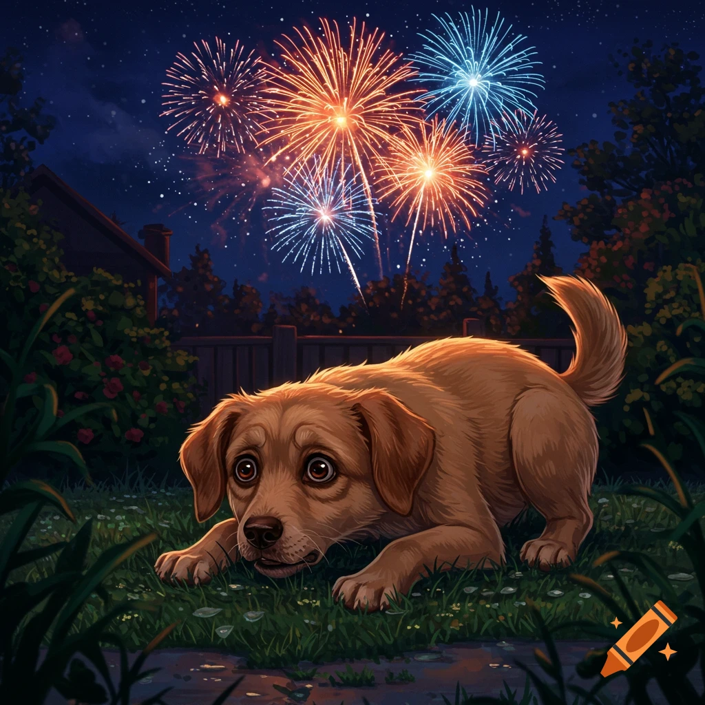 A scared light brown dog crouches in a grassy backyard as colorful fireworks explode in the night sky, digital illustration.