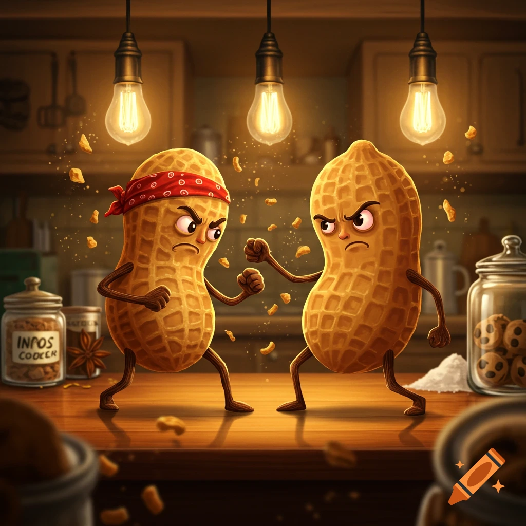 Two angry cartoon peanuts with fists raised are about to fight in a rustic kitchen, with peanut shell debris flying around.