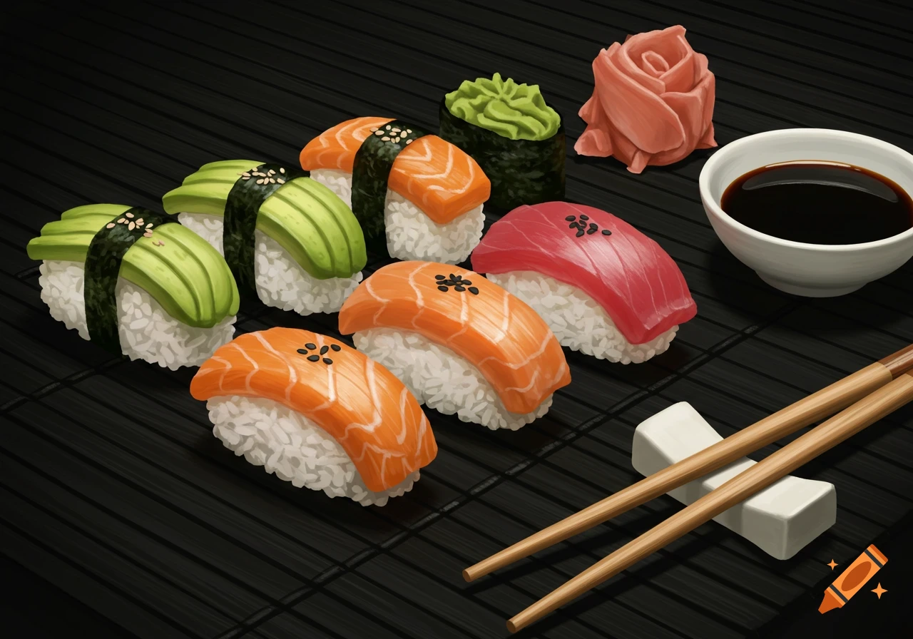 A vibrant close-up illustration of various sushi pieces, including salmon, tuna, and avocado nigiri, with wasabi, pickled ginger, soy sauce, and chopsticks on a black bamboo mat.