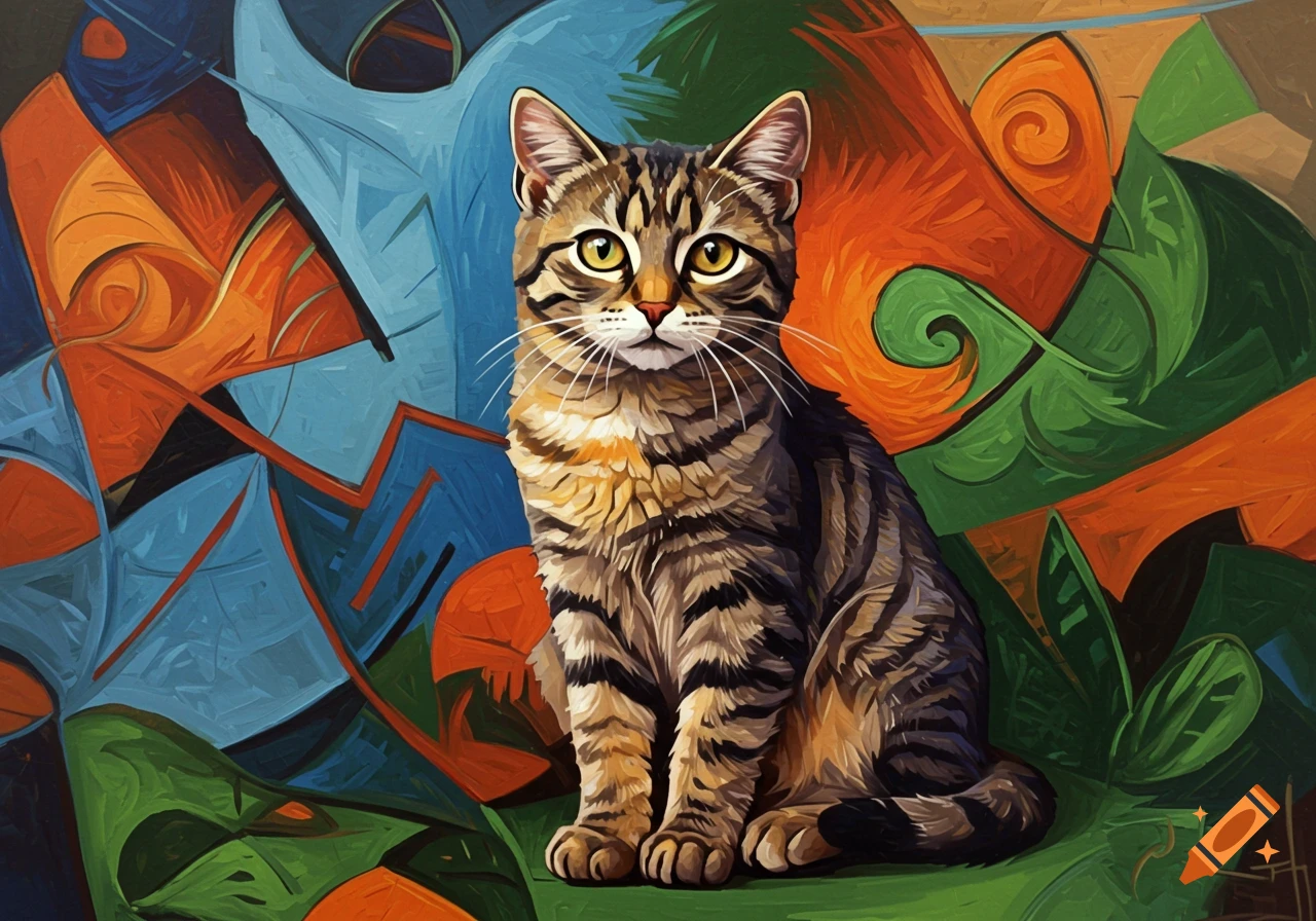 A tabby cat sits centered against a vibrant, abstract, Picasso-style background of orange, blue, and green shapes.