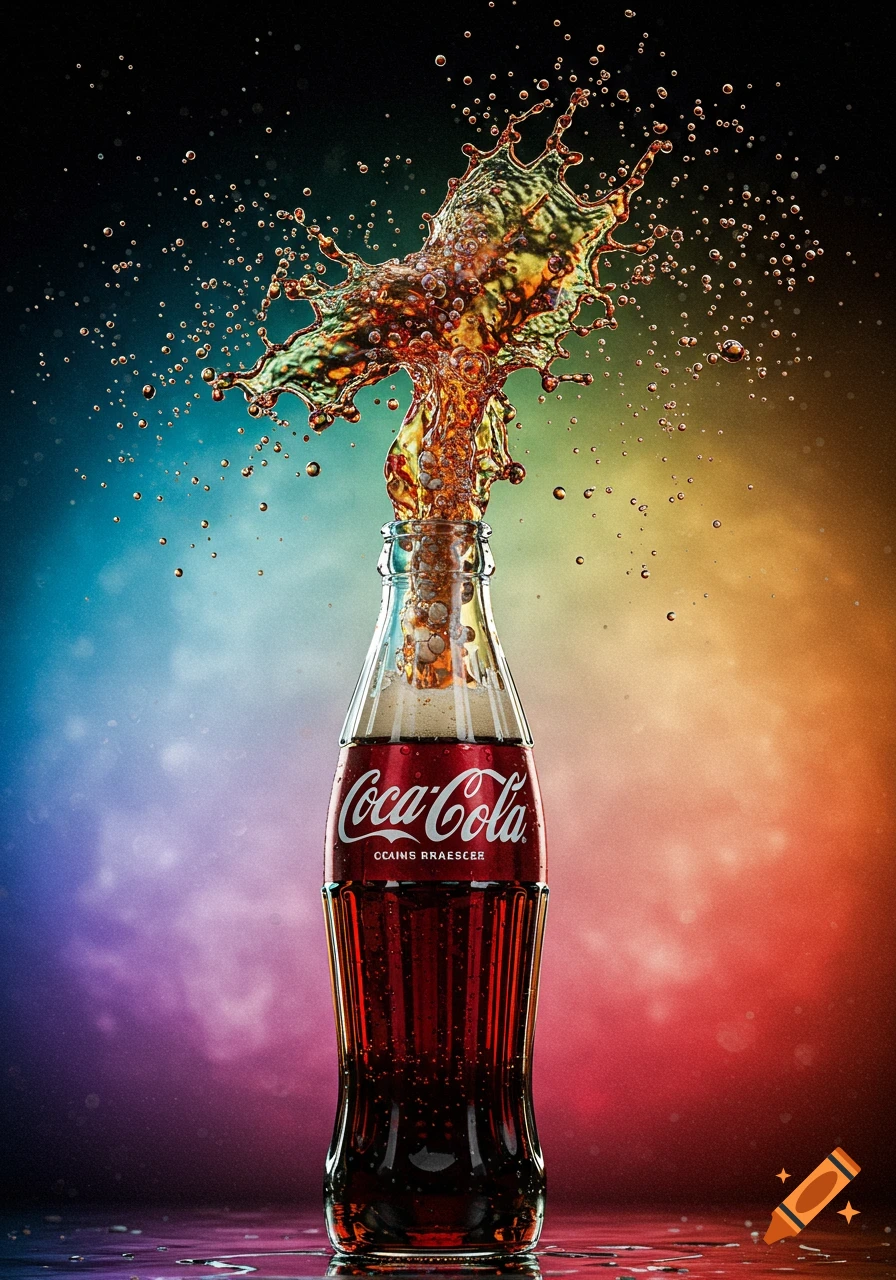 Photorealistic Coca-Cola bottle with a dramatic brown liquid splash exploding upwards against a vibrant, colorful gradient background.