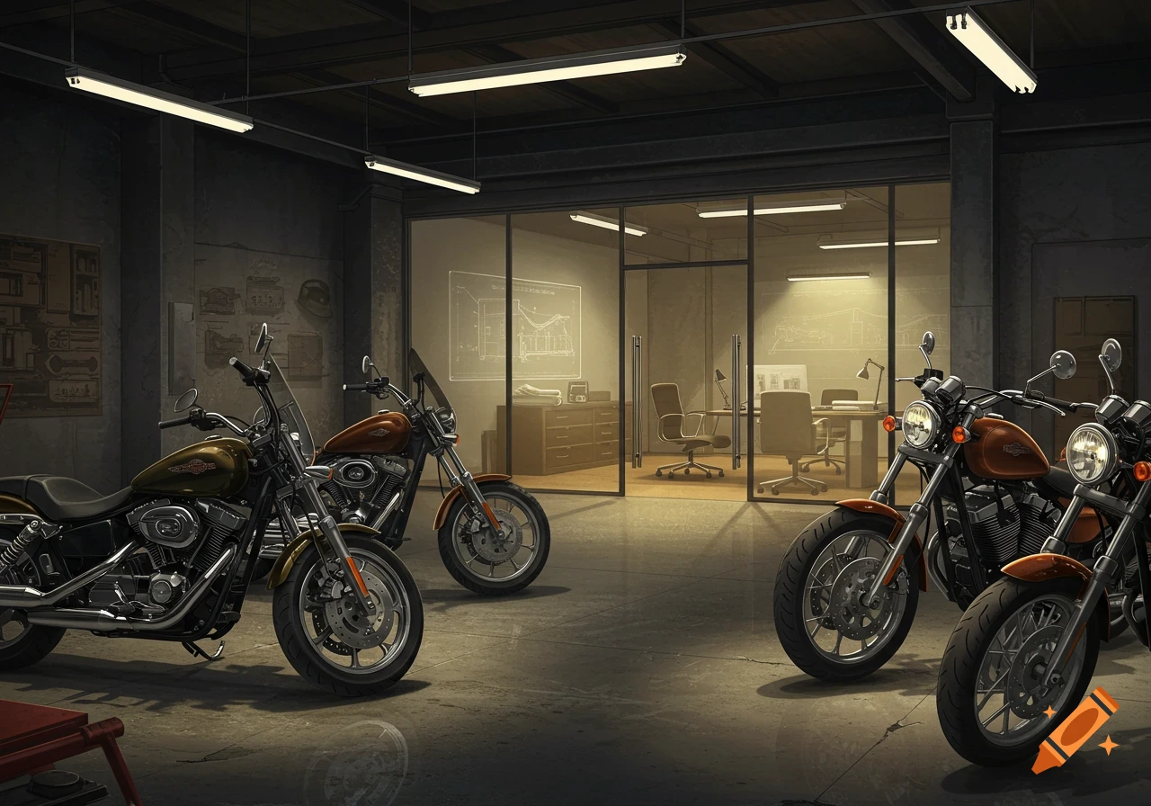 Several custom motorcycles parked in a dimly lit garage with a modern glass-walled office in the background.