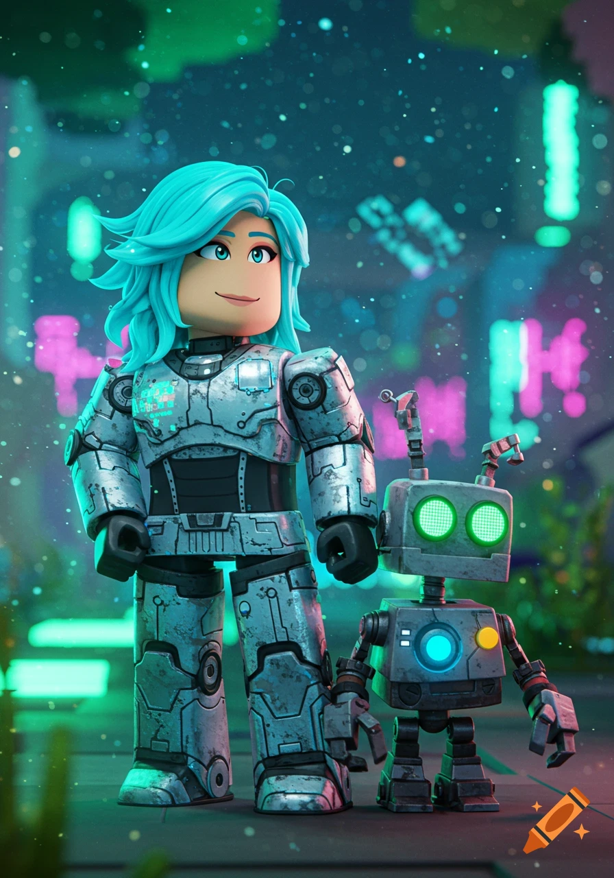 A blue-haired girl in a futuristic robot suit stands next to a small robot in a neon-lit city, in Roblox style.