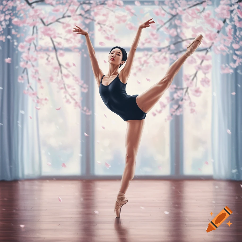 A graceful ballerina in a black leotard poses en pointe with one leg raised high, framed by cherry blossoms and a window.