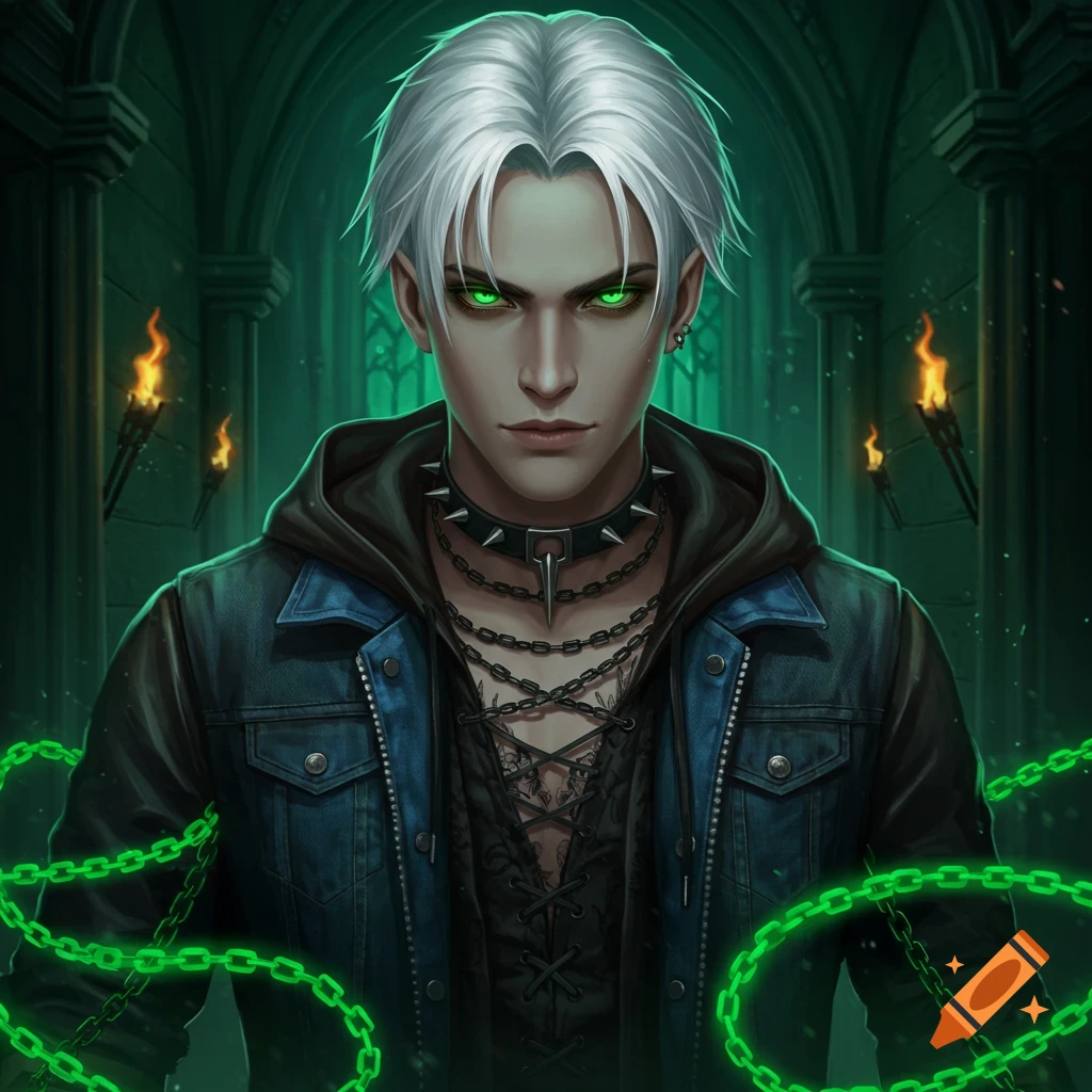 Digital art portrait of a man with white hair, glowing green eyes, and gothic attire with chains in a dark archway.
